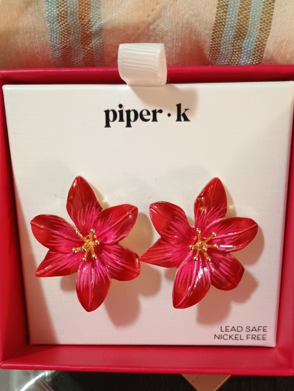 Piper Red Floral Stud Earrings with Gold Accents